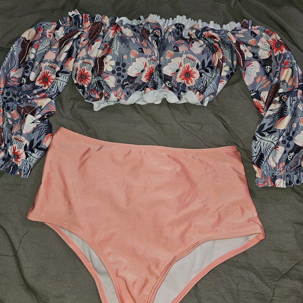 SHEIN Unique Floral Off-Shoulder High Waist Bikini - Pink and Blue